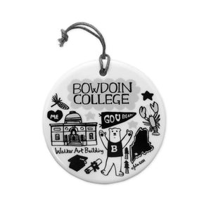 Round white ceramic ornament with BOWDOIN COLLEGE, pine cone, Walker Art Building, Go U Bears, polar bear mascot, lobster, mortarboar cap and diploma, and State of Maine shape.