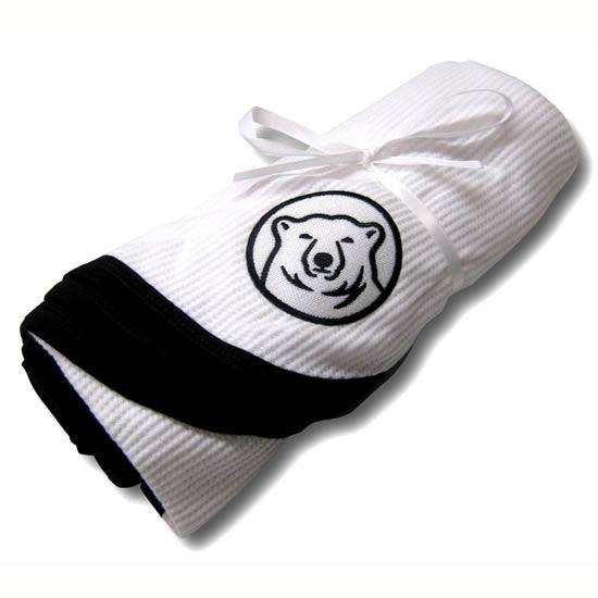 White waffle-knit blanket with embroidered mascot medallion patch. Black trim.