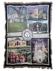 Woven blanket with full color montage of Bowdoin buildings. BOWDOIN COLLEGE woven across the middle horizontally, interrupted by the sun seal.