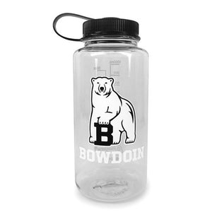 Clear wide-mouth water bottle with black lid, imprinted with Bowdoin polar bear mascot over the word BOWDOIN in white.