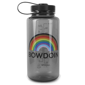Smoke grey Nalgene with black lid and pride rainbow arched over the word BOWDOIN in black.