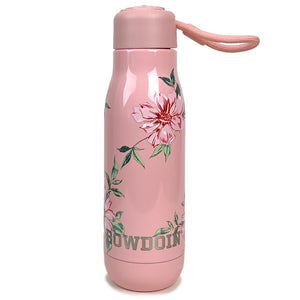 Pink water bottle with pink lid with pink rope loop handle. All over pink floral print, engraved stainless BOWDOIN near bottom of bottle.