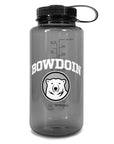 Clear smoke colored widemouth water bottle with white arched BOWDOIN over mascot medallion.
