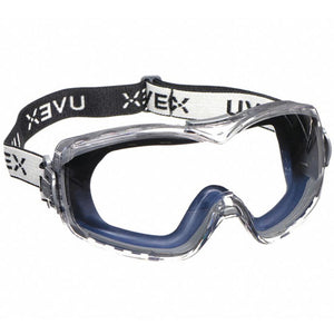 Clear safety goggles with adjustable elastic strap.