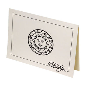 Ivory notecard with horizontal layout. Black imprint of Bowdoin sun seal and border interrupted by THANK YOU in fancy script in the lower right corner.