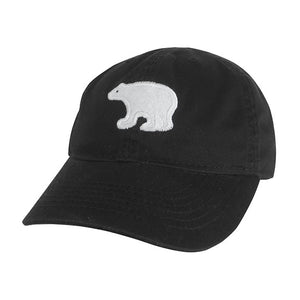 Black toddler-sized baseball hat with white felt polar bear applique.