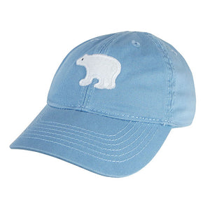 Light blue toddler-sized baseball hat with white felt polar bear applique.