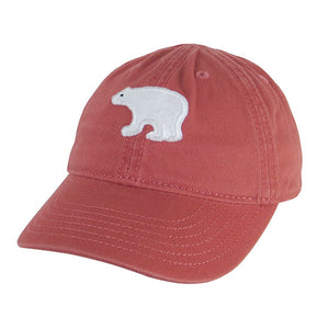 Nantucket red toddler-sized baseball hat with white felt polar bear applique.
