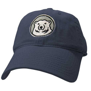 Youth navy blue hat with embroidered Bowdoin mascot medallion on front.