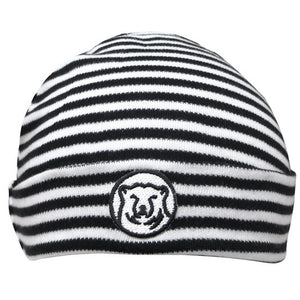 Black and white striped infant's warming cap with embroidered Bowdoin polar bear medallion