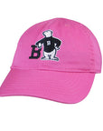 Pink twill hat with Spirit Bear embroidery: A polar bear wearing a black sweater with a white B on it, leaning with one elbow on the letter B and its other hand on its hip.