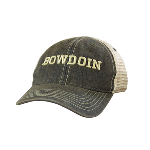 Toddler's trucker hat with faded black twill front and mesh back. BOWDOIN embroidery on front in antique ivory thread.