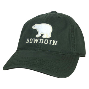 Dark green hat with felt polar bear patch over embroidered BOWDOIN.