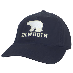 Navy hat with felt polar bear patch over embroidered BOWDOIN.