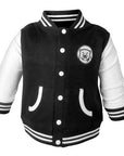 Toddler varsity-style jacket with striped cuffs, collar, and hem. White sleeves and white contrast trim on pockets, and white buttons. Polar bear medallion patch on left chest.