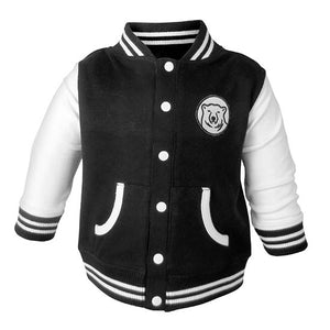 Toddler varsity-style jacket with striped cuffs, collar, and hem. White sleeves and white contrast trim on pockets, and white buttons. Polar bear medallion patch on left chest.