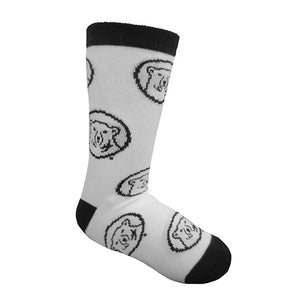 White sock with black toe, heel, and cuff. All-over knit in polar bear medallion decoration.