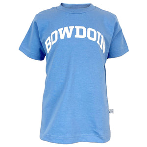 Children's sky blue T-shirt with arched BOWDOIN imprint in white on the chest.