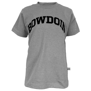 Children's Oxford gray T-shirt with arched BOWDOIN imprint in black on the chest.