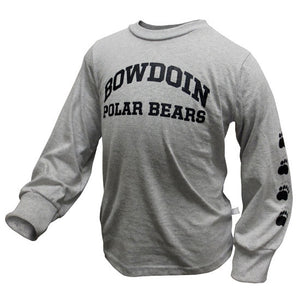 Children's heather grey long-sleeved tees with black imprint of Bowdoin Polar Bears on chest and row of black paw prints on the left arm.