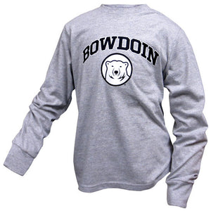 Children's heather gray long-sleeved tee with arched BOWDOIN imprint in black with white stroke over a black and white mascot medallion.