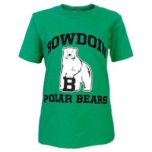 Bright green short-sleeved T-shirt with chest imprint of black arched BOWDOIN over polar bear mascot over black POLAR BEARS.