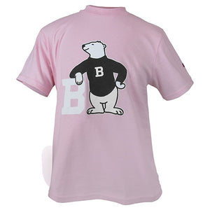 Baby pink children's short sleeved tee with chest imprint of polar bear in black sweater leaning on a large letter B