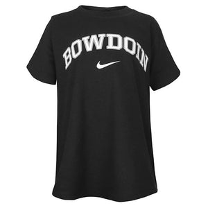 Children's black short-sleeved tee with arched BOWDOIN in white with silver outline over white Nike Swoosh.