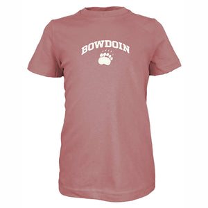 Dusty pink children's T-shirt with white chest imprint of Bowdoin arched over a paw print.