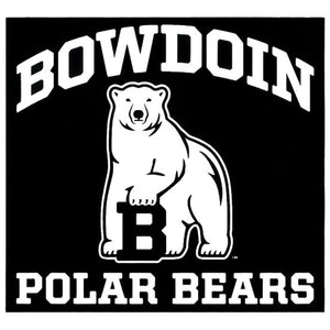 Black square decal with white imprint of the word BOWDOIN arched over a polar bear mascot over the words POLAR BEARS.