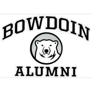 Rectangular clear decal with BOWDOIN in black with a white stroke, arched over a polar bear mascot medallion on a gray background over the word ALUMNI in black with a white stroke outline.