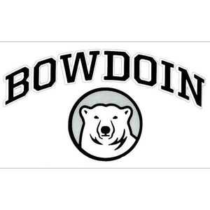 Rectangular clear decal with BOWDOIN in black with a white stroke, arched over a polar bear mascot medallion on a gray background.
