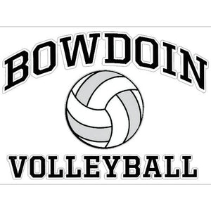 Rectangular clear decal with BOWDOIN in black with a white stroke, arched over a black-white-and-gray volleyball icon over the word VOLLEYBALL in black with a white stroke outline.
