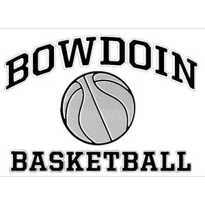 Rectangular clear decal with BOWDOIN in black with a white stroke, arched over a black-and-gray baseketball icon over the word BASEKETBALL in black with a white stroke outline.