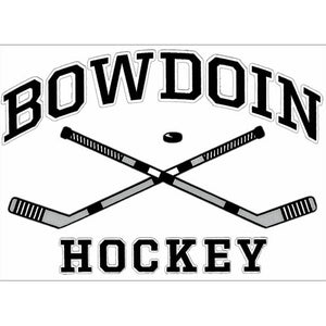 Rectangular clear decal with BOWDOIN in black with a white stroke, arched over a black-and-gray crossed hockey sticks and puck icon over the word HOCKEY in black with a white stroke outline.