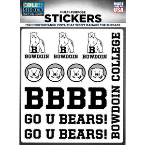 Sheet of stickers with different Bowdoin insignia: Mascot over Bowdoin, Mascot Medallion, Bowdoin B, Go U Bears!, and Bowdoin College.