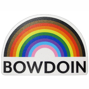 White semicircle decal with full-color pride rainbow arched over BOWDOIN in black.