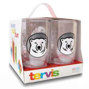 Boxed set of clear plastic insulated tumblers with mascot medallion patch.