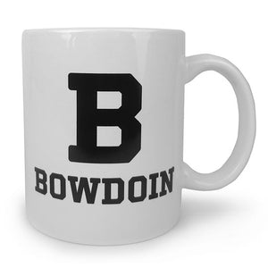 Front view of white mug with black imprint of large B over the word BOWDOIN.