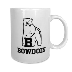 White coffee mug showing front side with polar bear mascot over the word BOWDOIN.