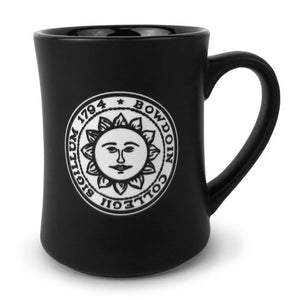 Oversized matte black diner style coffee mug with white etched Bowdoin college seal.