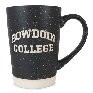 Tapered cylindrical coffee mug in dark grey with white speckles and ivory stone-look base. Etched BOWDOIN arched over COLLEGE shows the same ivory color as the base of the mug.