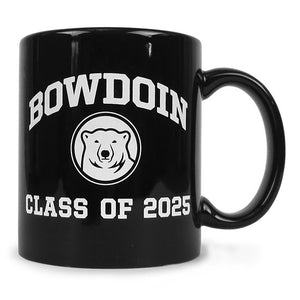 Black coffee mug with white imprint of BOWDOIN arched over mascot medallion over CLASS OF 2025.