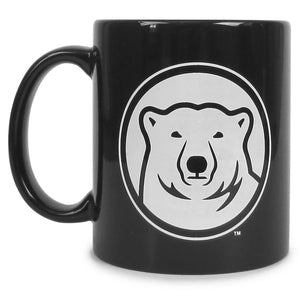 Black mug with white polar bear medallion imprint.