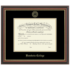 Diploma frame in mahogany with gold fillet and black matte with gold embossed Bowdoin seal on top and BOWDOIN COLLEGE in Old English typeface on bottom. Gold inner matte around space for diploma.