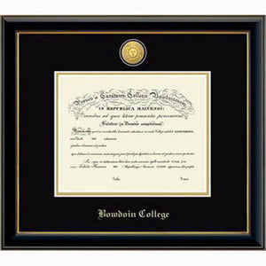 Diploma frame with glossy black moulding with gold fillet and black and gold matting. Gold sun seal medallion set into the mat on top of the diploma, BOWDOIN COLLEGE embossed in gold below.