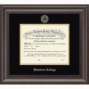 Walnut finish diploma frame with black matte embossed on the top with the Bowdoin seal, and on the bottom with BOWDOIN COLLEGE in Old English typeface. Gold inner matte.