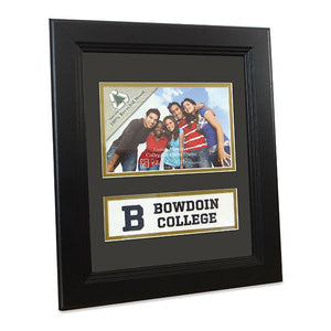 Black wood frame with black exterior mat, two cutouts showing a border of inner gold mat. The top cutout holds a photo, the bottom encases a white rectangle with a large B on the left, and the words BOWDOIN COLLEGE stacked beside it.