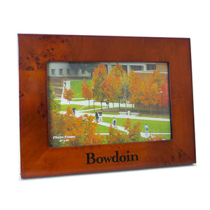 Reddish brown burlwood photo frame with BOWDOIN wordmark in black on bottom edge. Landscape orientation.