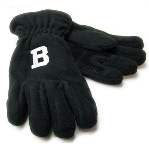Black fleece gloves with embroidered B patch in white on back of hand.